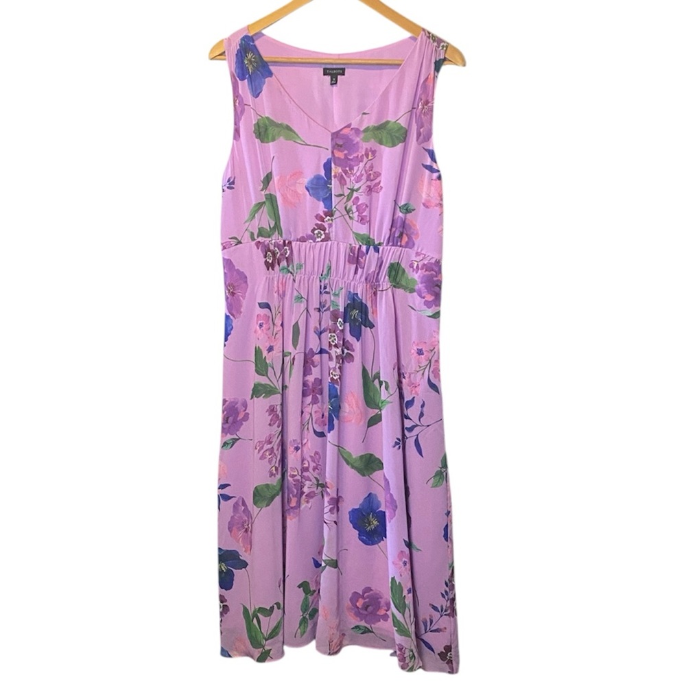 Talbots Ruched Midi Dress Women 12 Purple Floral Sleeveless Vneck Chiffon Spring